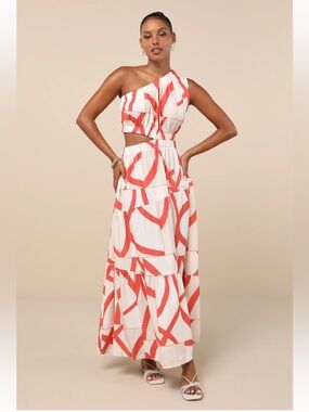 Little Lies ($270) Yasmin Cream and Coral Abstract Linen One-Shoulder Maxi Dress